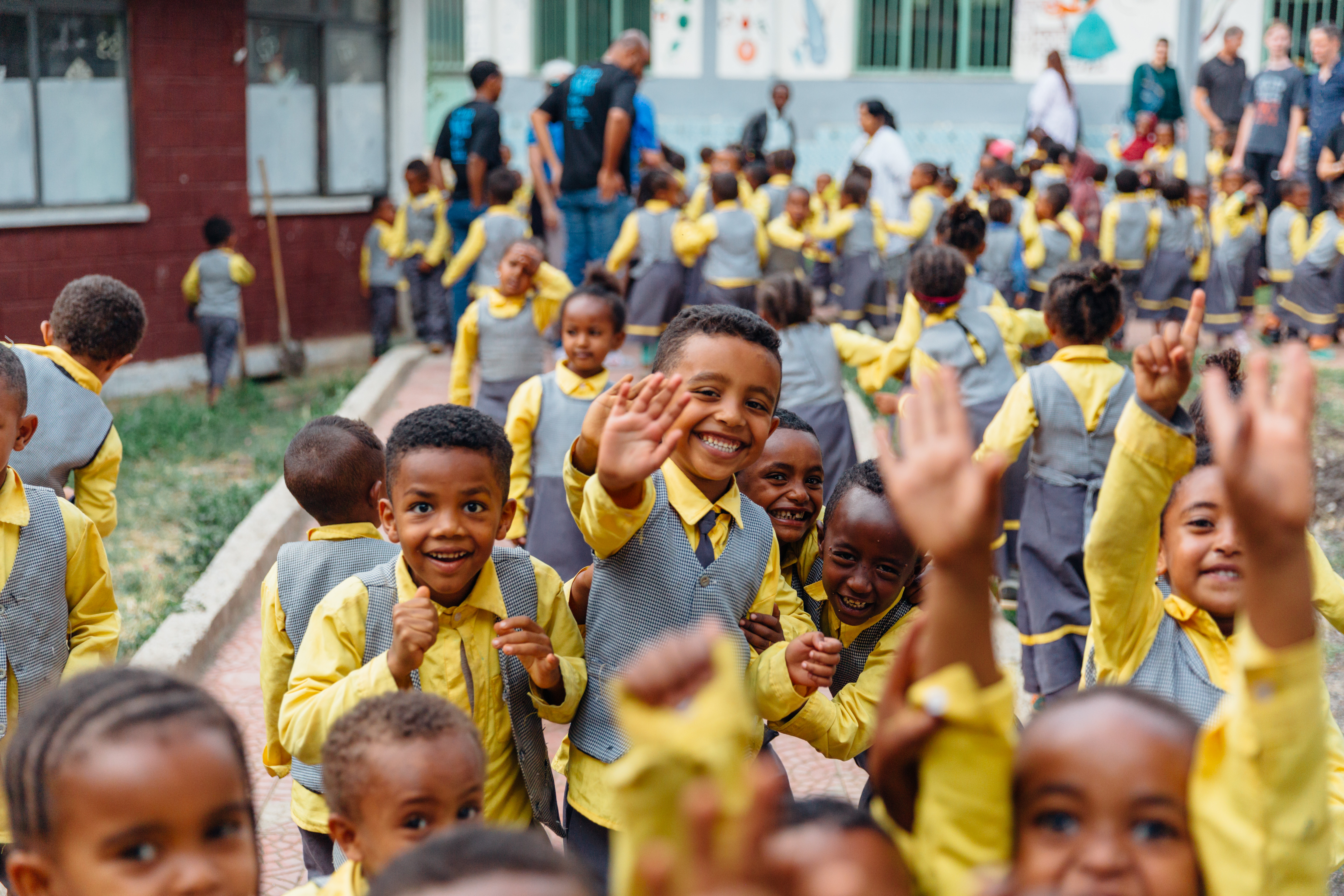 Students using clean water stations at a school in Addis Ababa, Ethiopia